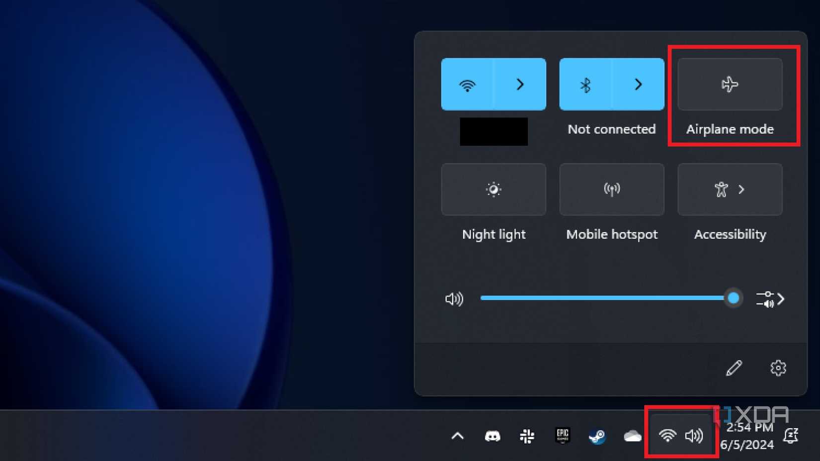 screenshot of windows 11 showing the quick settings menu with airplane mode highlighted