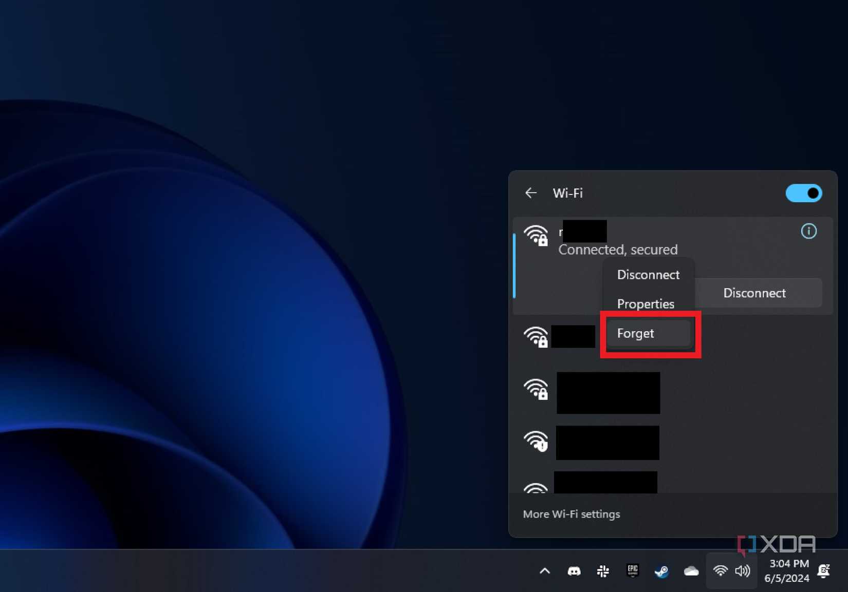 screenshot of windows 11 quick settings widget showing how to forget a wifi network
