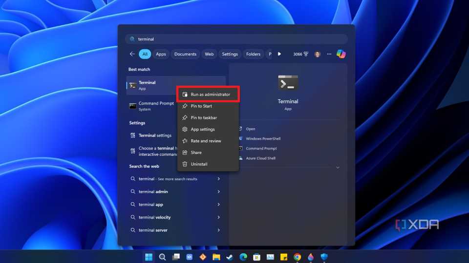 screenshot of windows 11 start menu running the terminal app as administrator