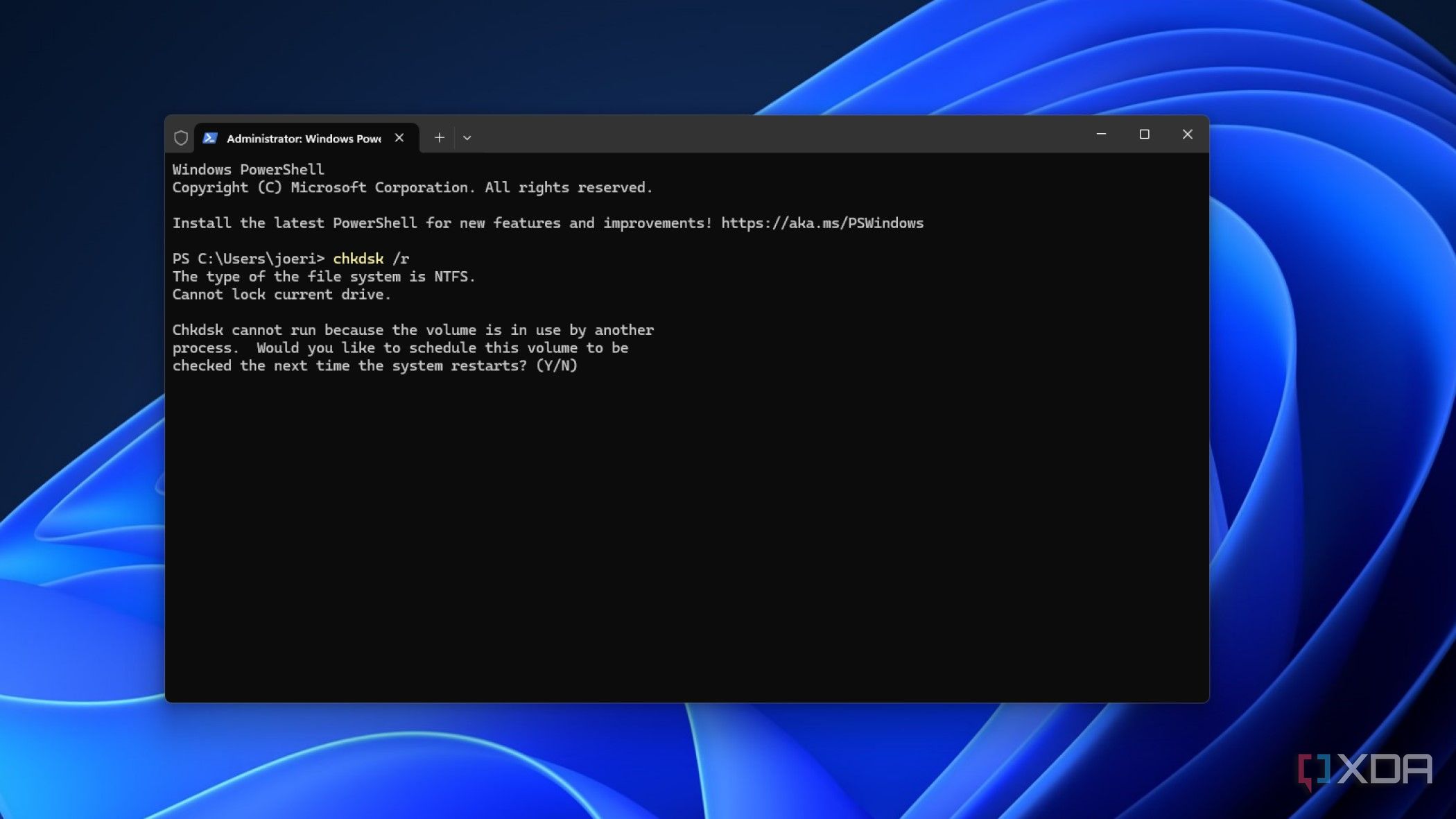 screenshot of windows terminal running chkdsk