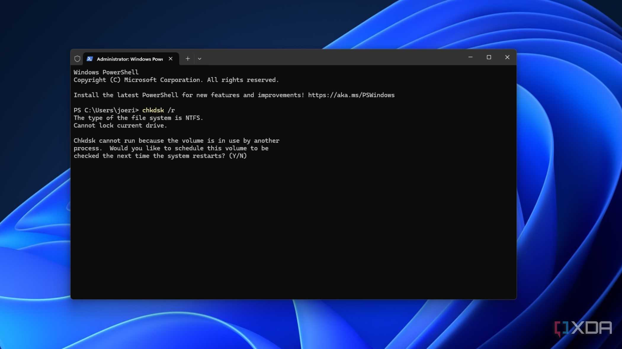 screenshot of windows terminal running chkdsk