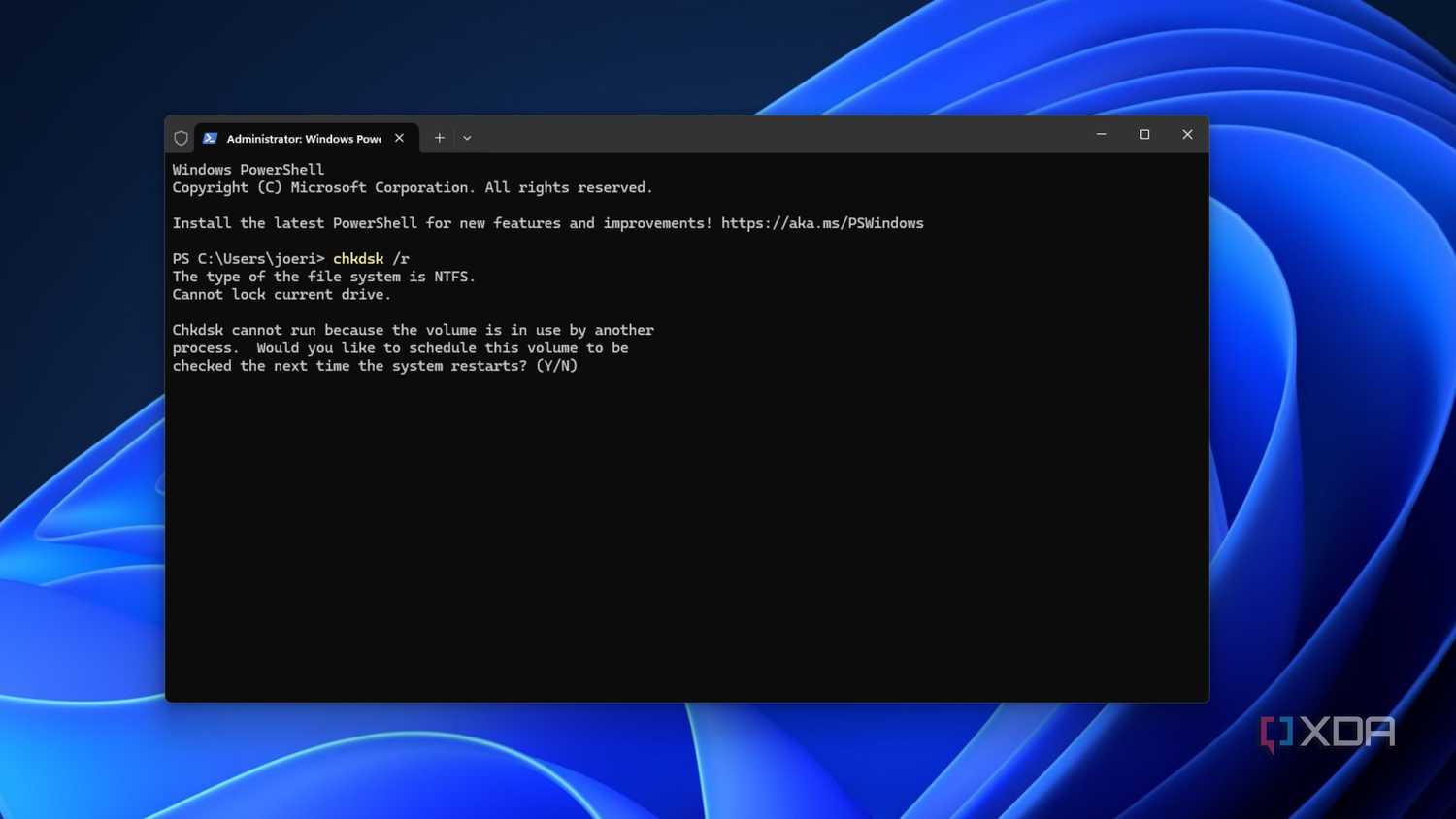 screenshot of windows terminal running chkdsk