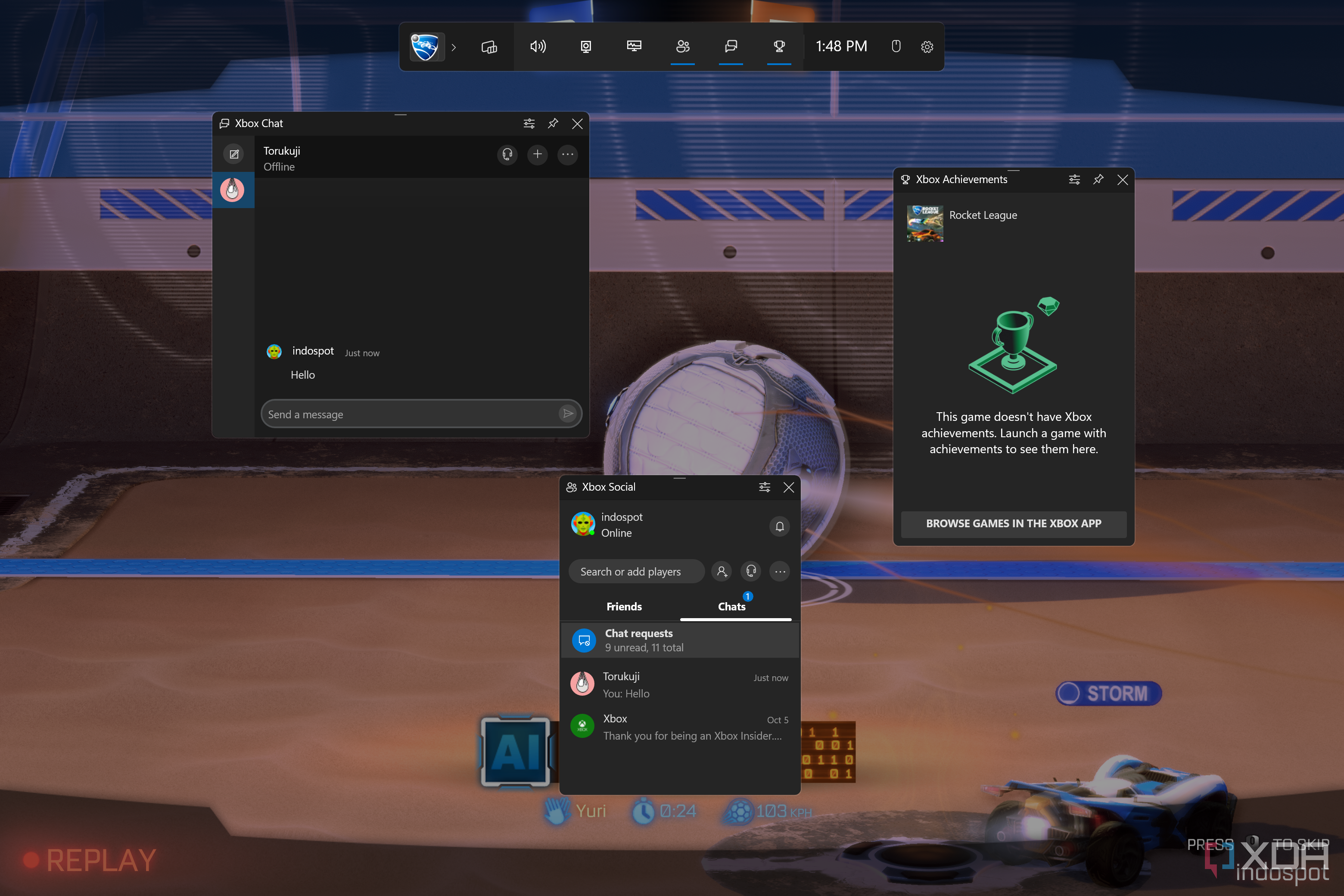 Windows Game Bar with Xbox social features and achievements