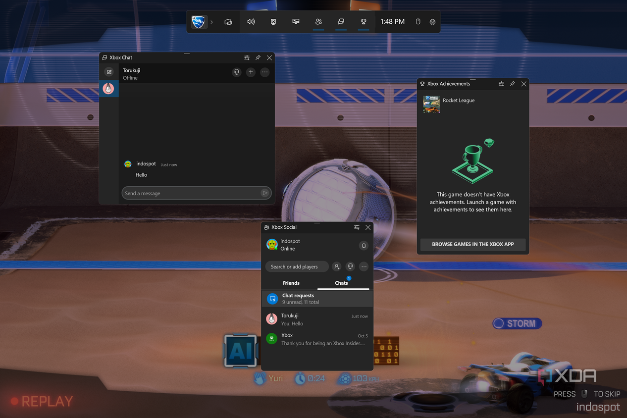 Windows Game Bar with Xbox social features and achievements