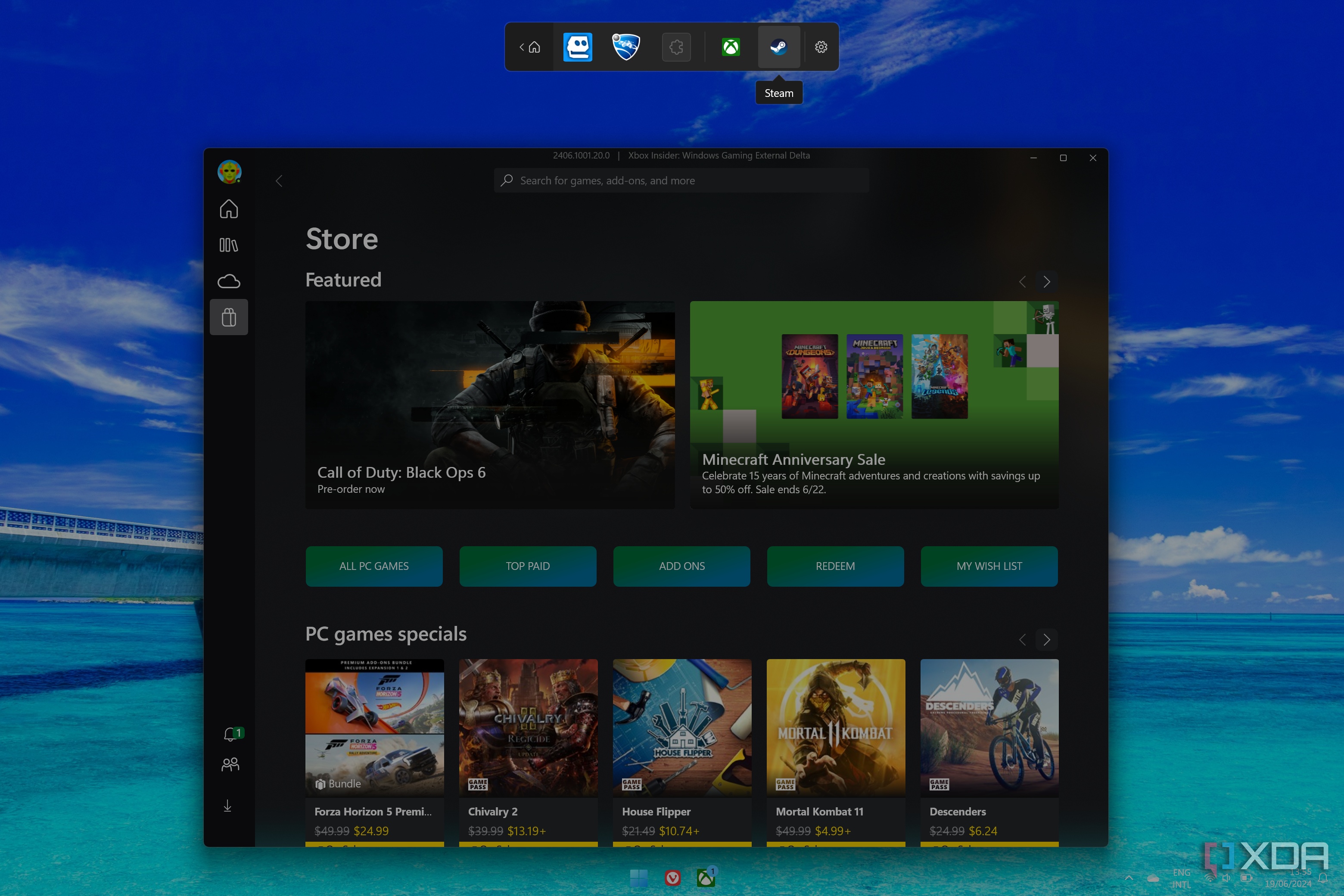 Windows Game Bar showing the controller bar with the Xbox app open in the background