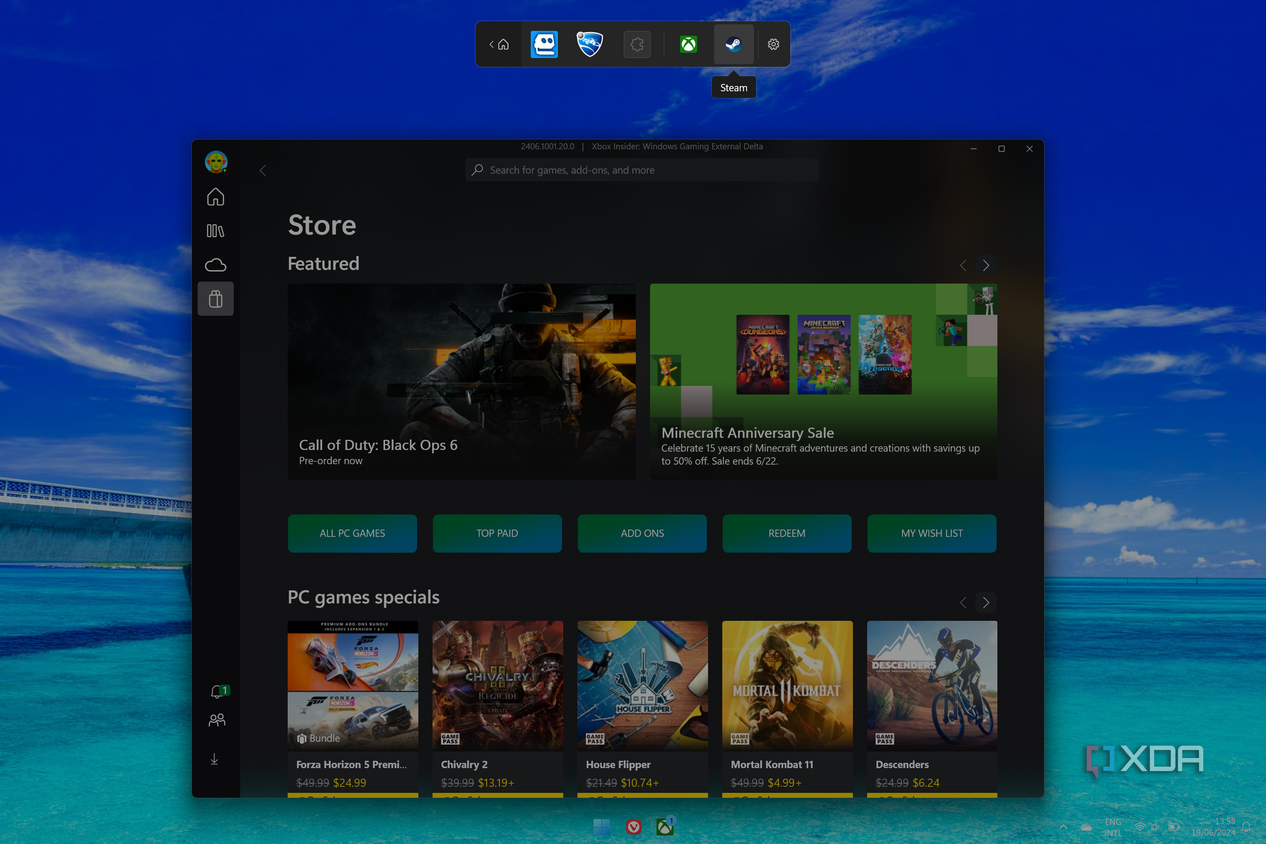 Windows Game Bar showing the controller bar with the Xbox app open in the background