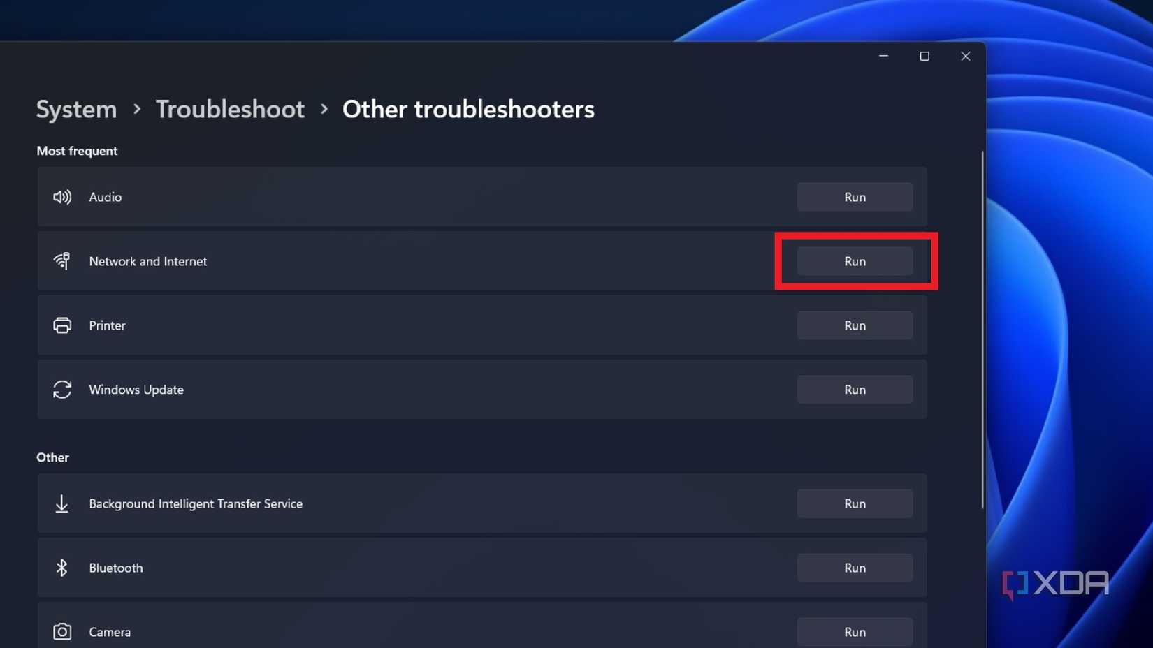 screenshot of windows troubleshooting menu with the network and internet option highlighted
