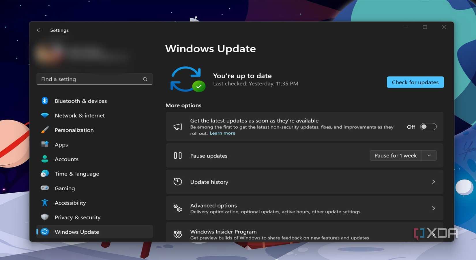 Screenshot showing Windows update page in Settings app