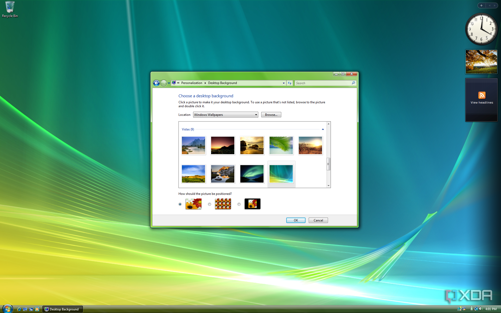 Screenshot of background options in Windows Vista