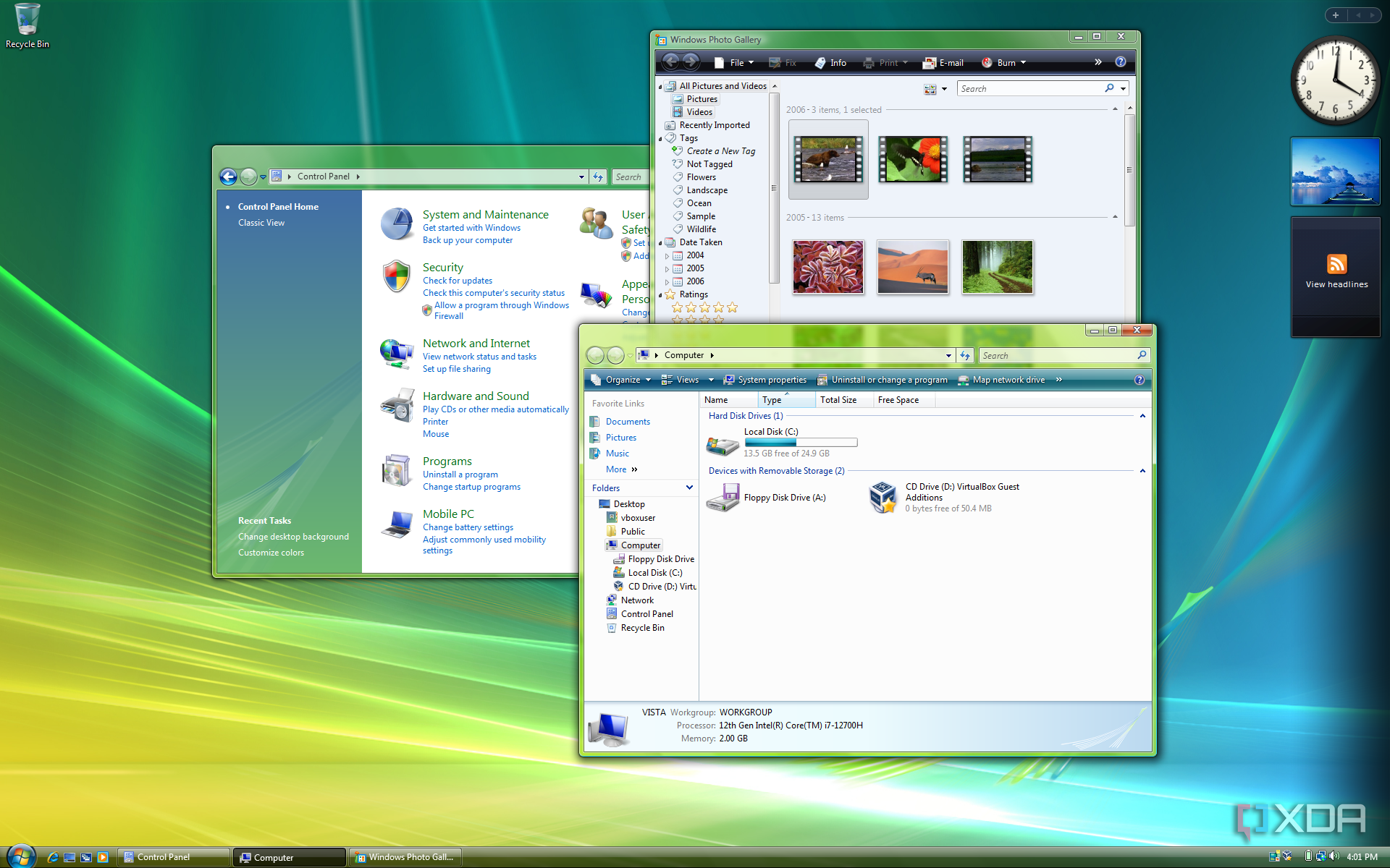 Screenshot of File Explorer, Control Panel, and Windows Photo Gallery in Windows Vista