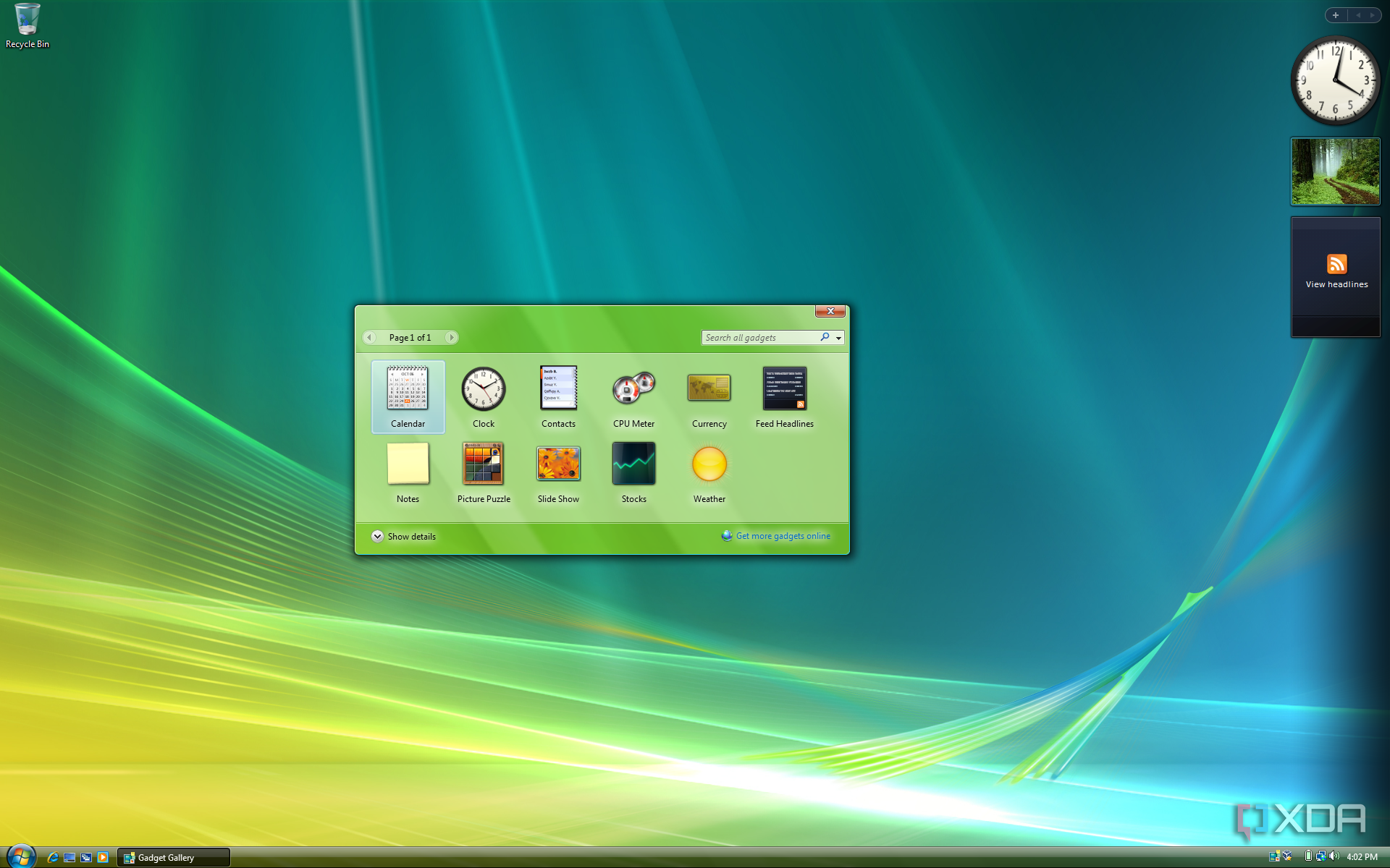 Screenshot of gadgets available in Windows Vista