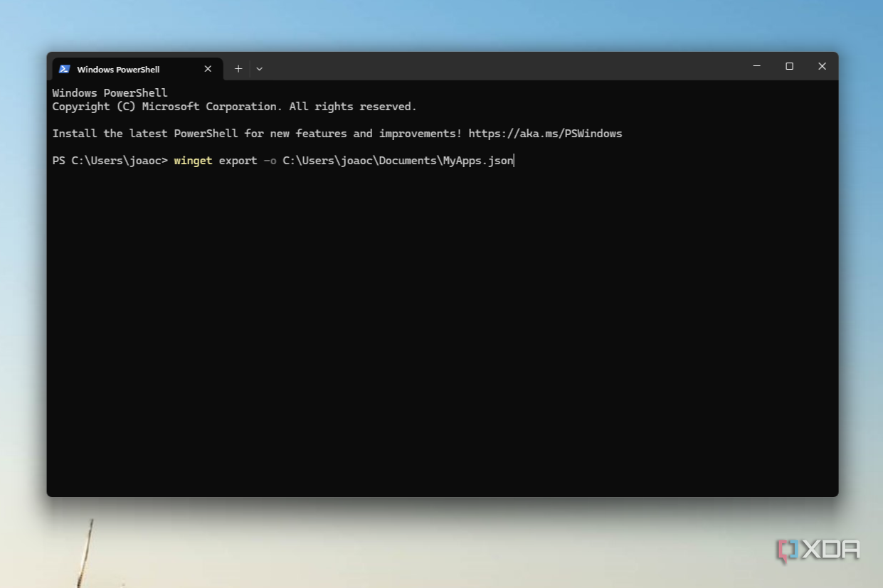 Screenshot of Windows Terminal with a command to export a list of installed apps