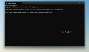 Screenshot of Windows Terminal with a command to export a list of installed apps
