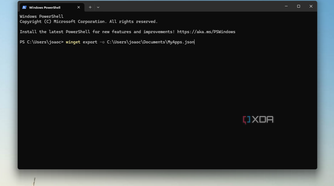 Screenshot of Windows Terminal with a command to export a list of installed apps