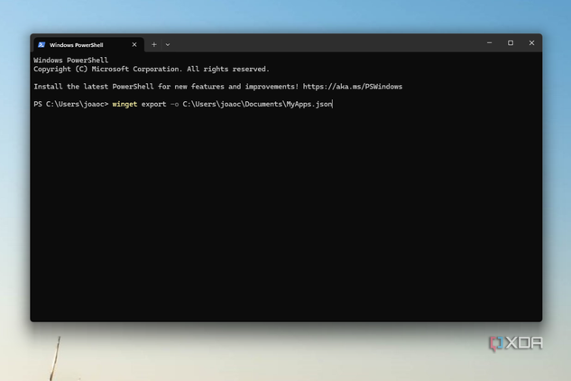 Screenshot of Windows Terminal with a command to export a list of installed apps