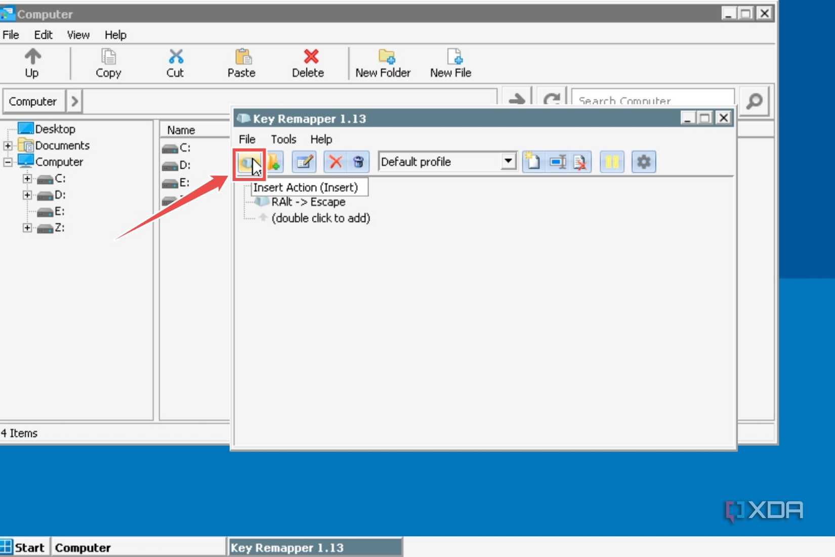 The option to insert an action in Winlator