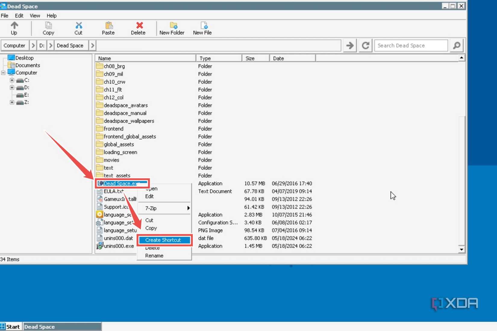 The procedure to create a shortcut for Dead Space (2008) in Winlator