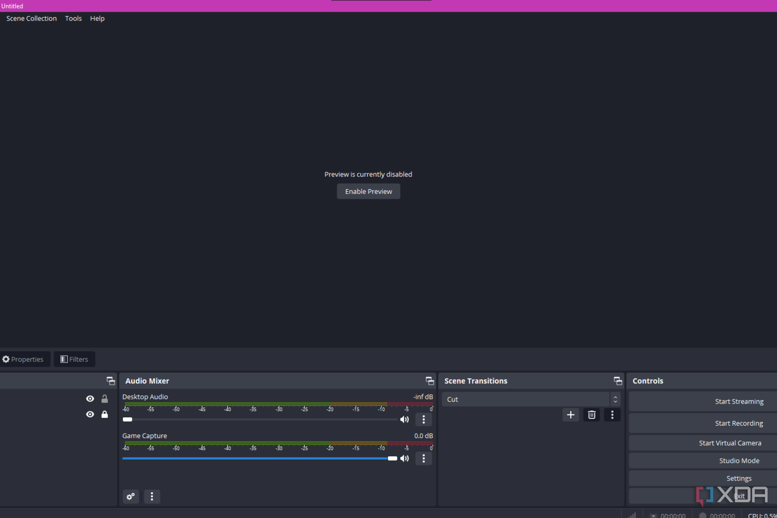 The OBS studio application open with the preview window disabled