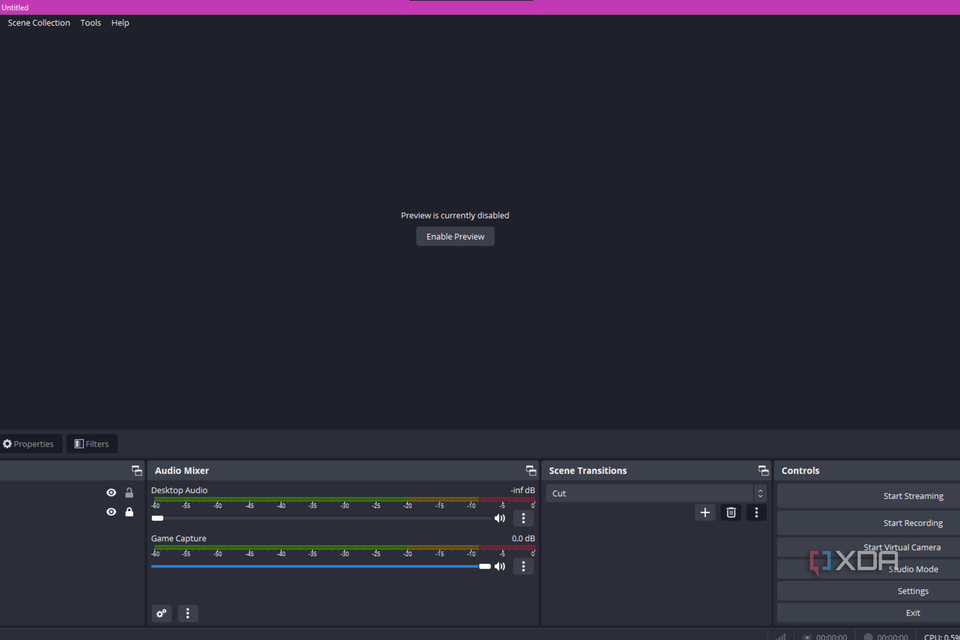 The OBS studio application open with the preview window disabled