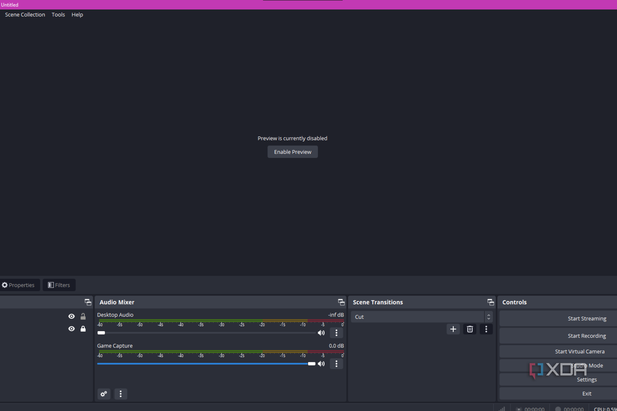 The OBS studio application open with the preview window disabled