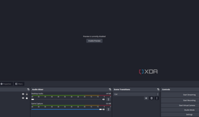 The OBS studio application open with the preview window disabled