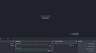 The OBS studio application open with the preview window disabled