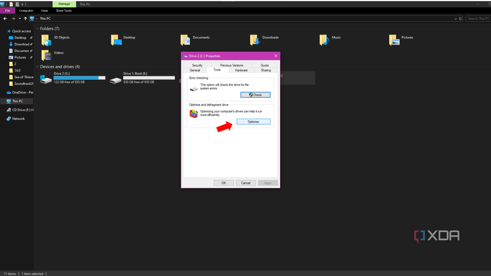 The Optimise button on the Drive properties menu
