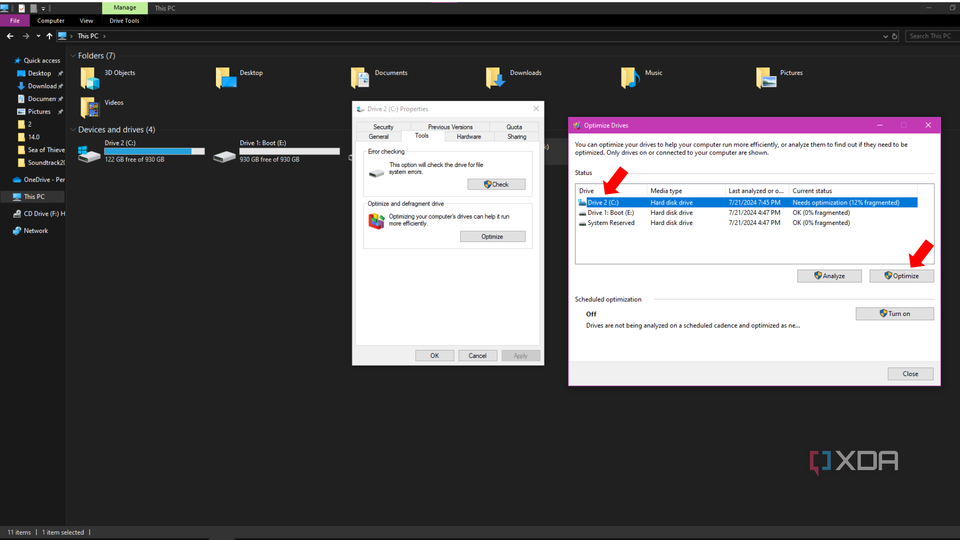 An arrow pointing to a storage drive and an organize button