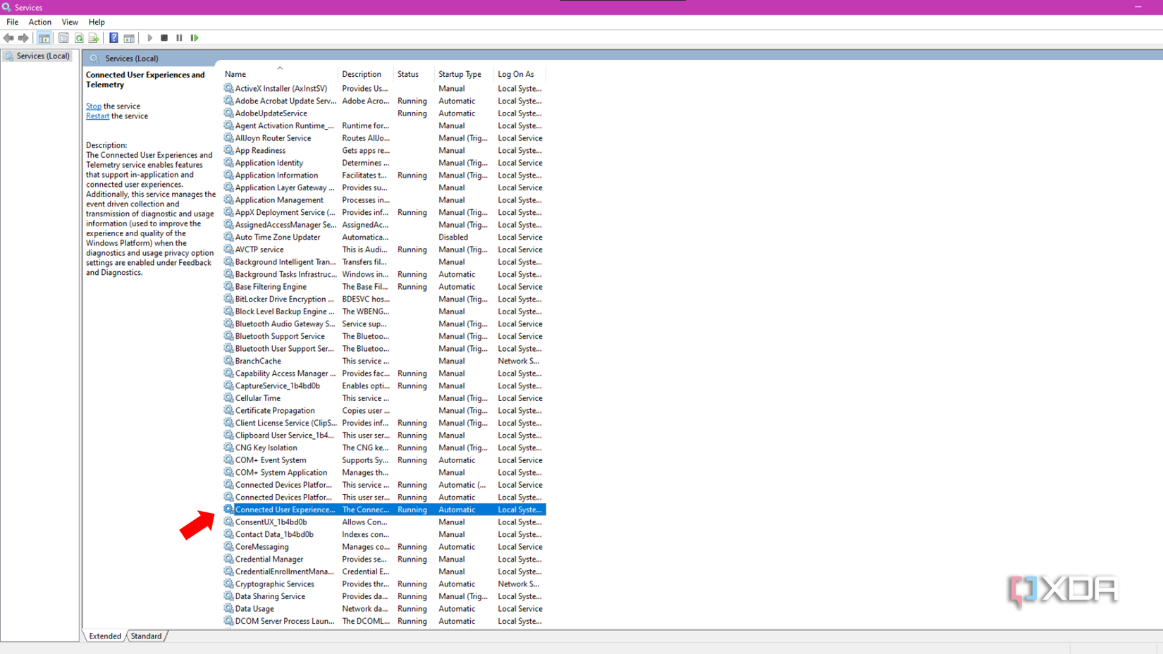 The Windows Services tab