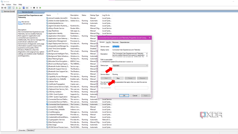 The Service properties window