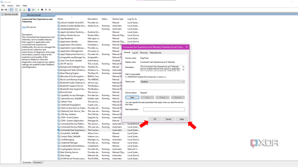 An arrow pointing to the Apply and OK buttons