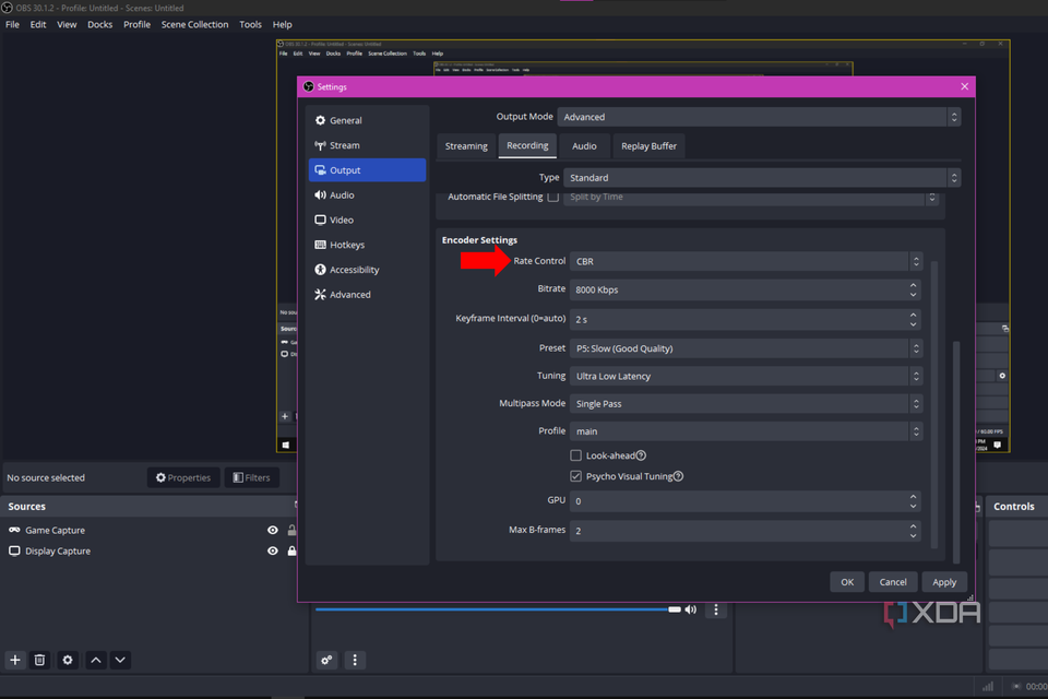An arrow pointing to the Rate Control in OBS Studio