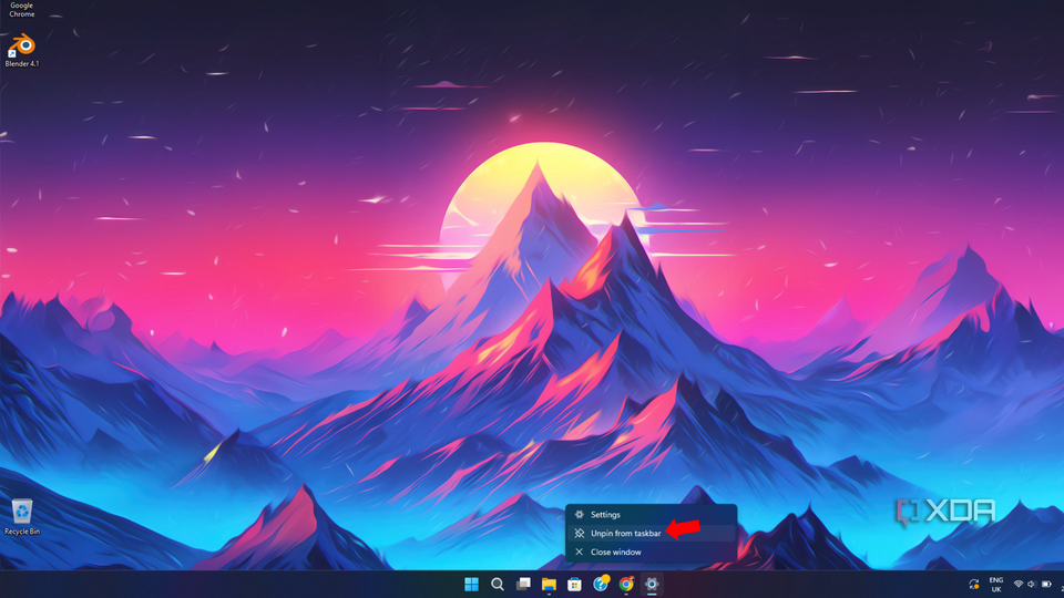 An arrow pointing at the unpin from taskbar setting