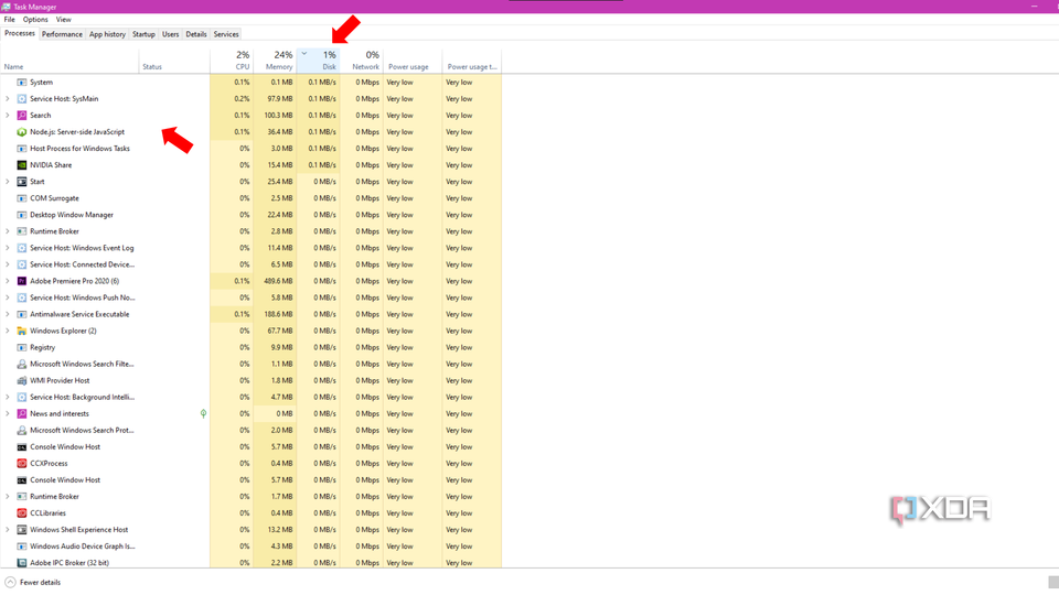 An arrow pointing to the disk tab in the process menu in task manager