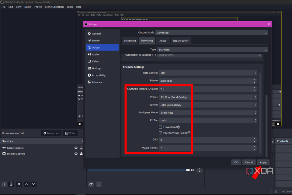 An arrow pointing to the Apply button on OBS Studio
