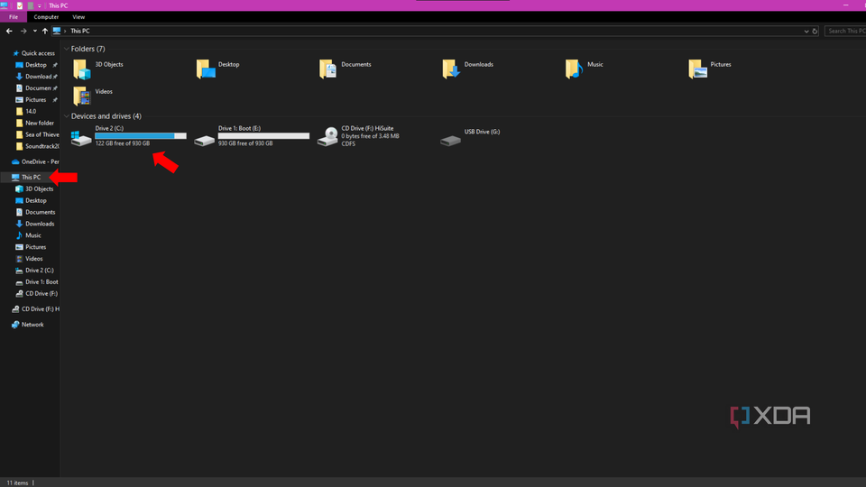 An arrow pointing to the computer main storage drive