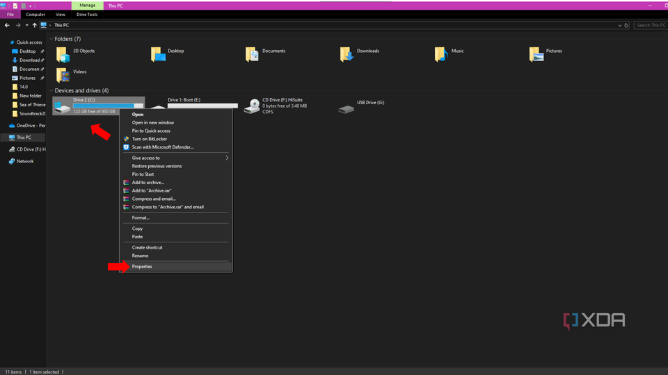 The right-click options on a hard drive, with an arrow pointing to the properties option