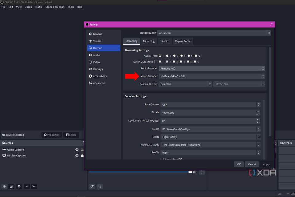 An arrow pointing to the Video Encoder setting in OBS Studio