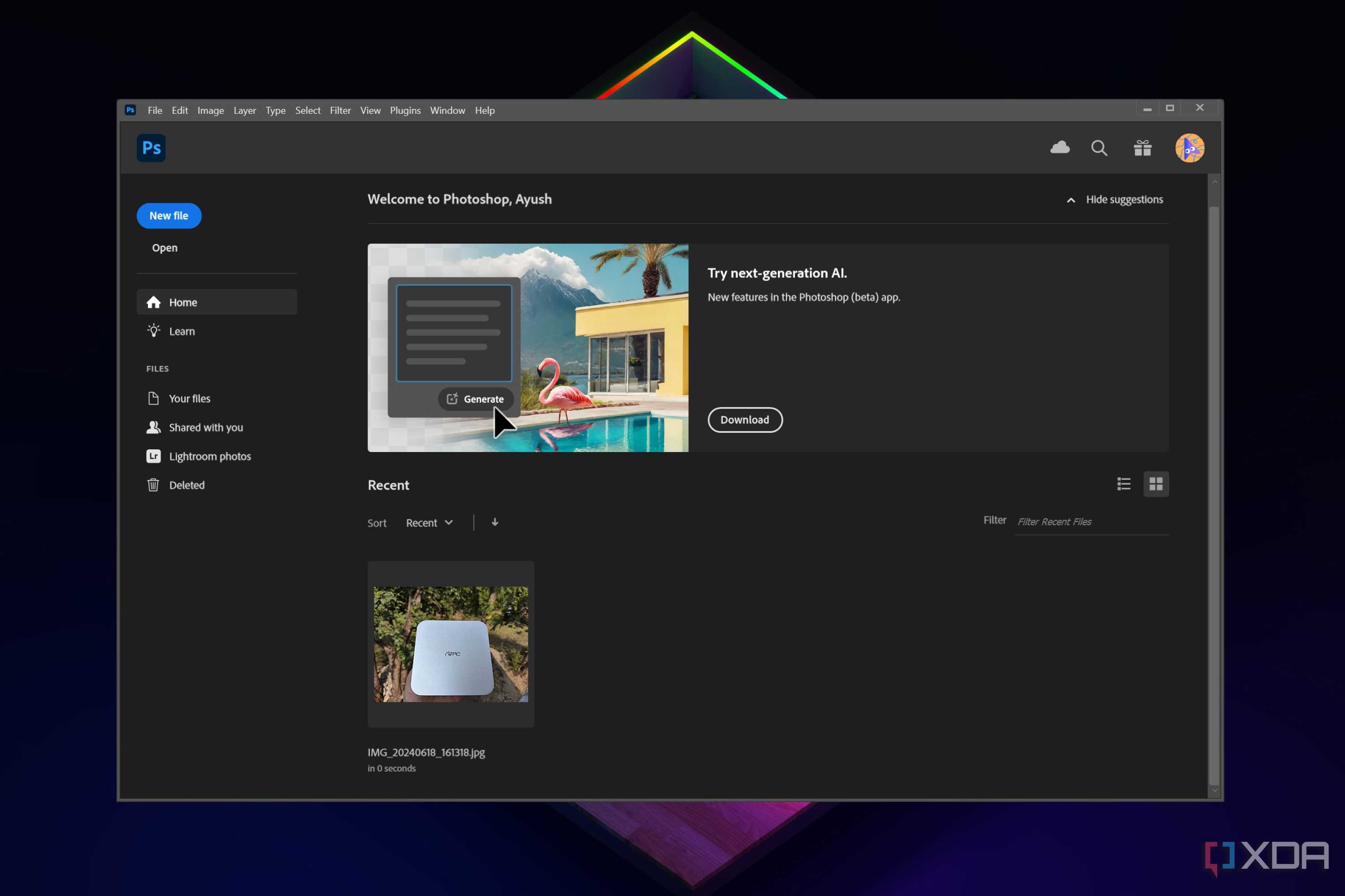 The main dashboard in Adobe Photoshop