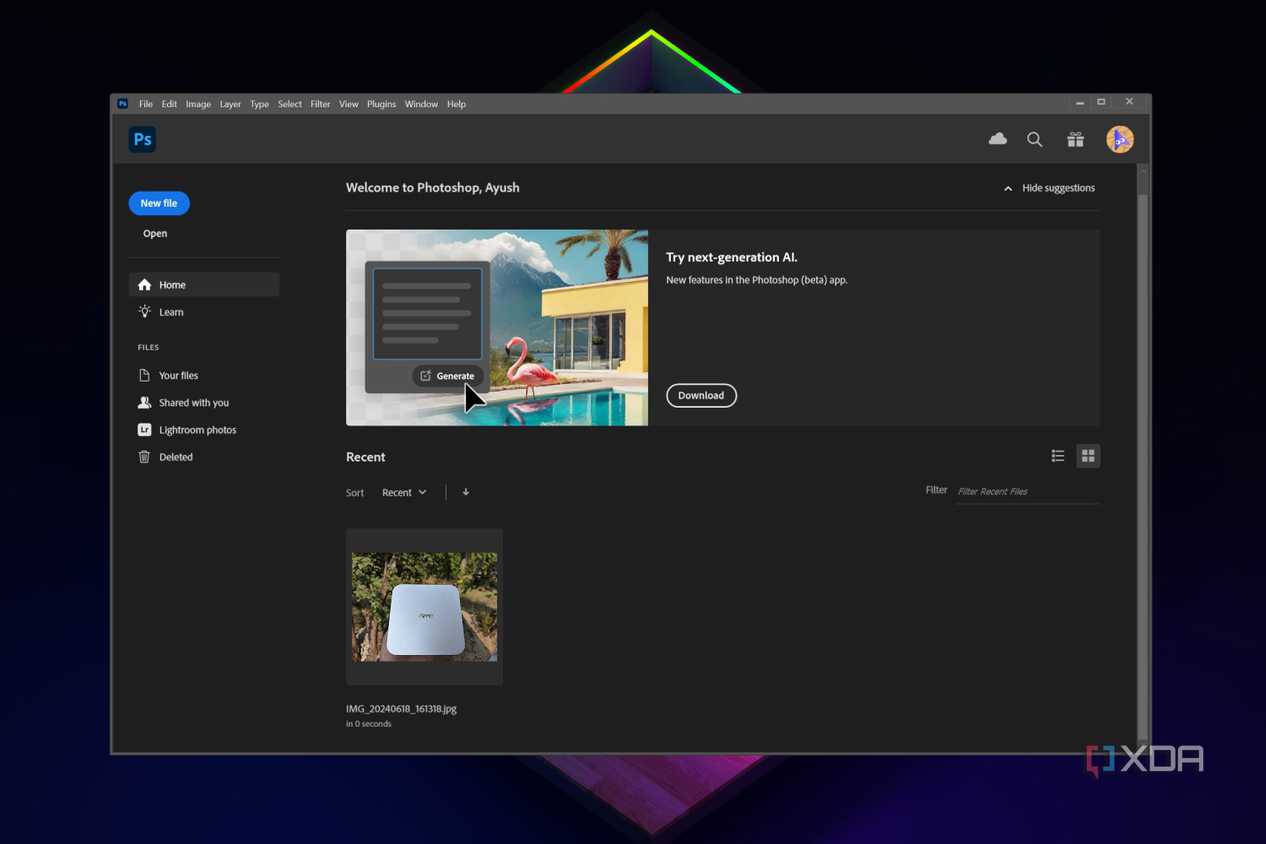 The main dashboard in Adobe Photoshop