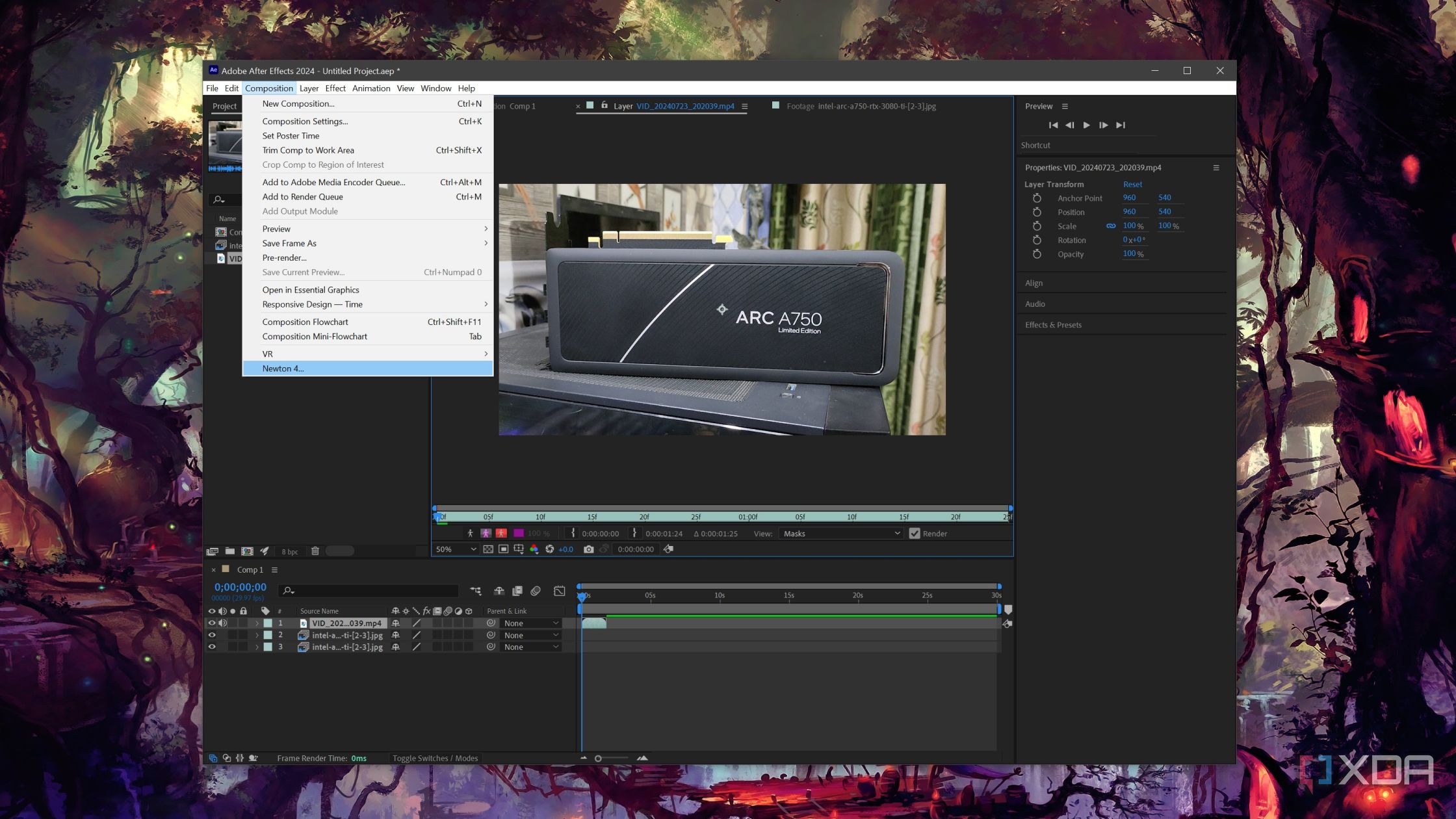 The Newton 4 plug in highlighted in After Effects