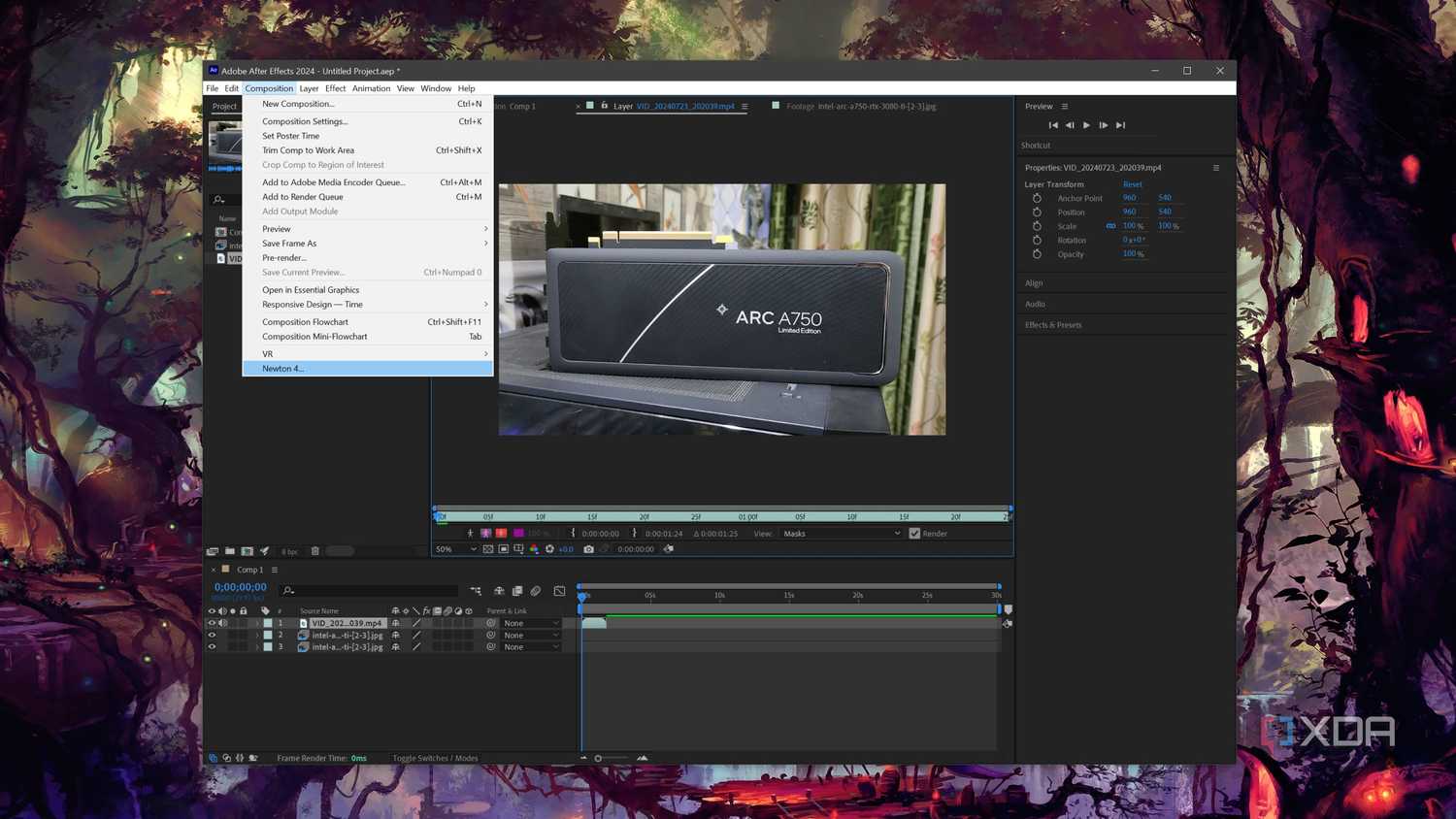 The Newton 4 plug in highlighted in After Effects