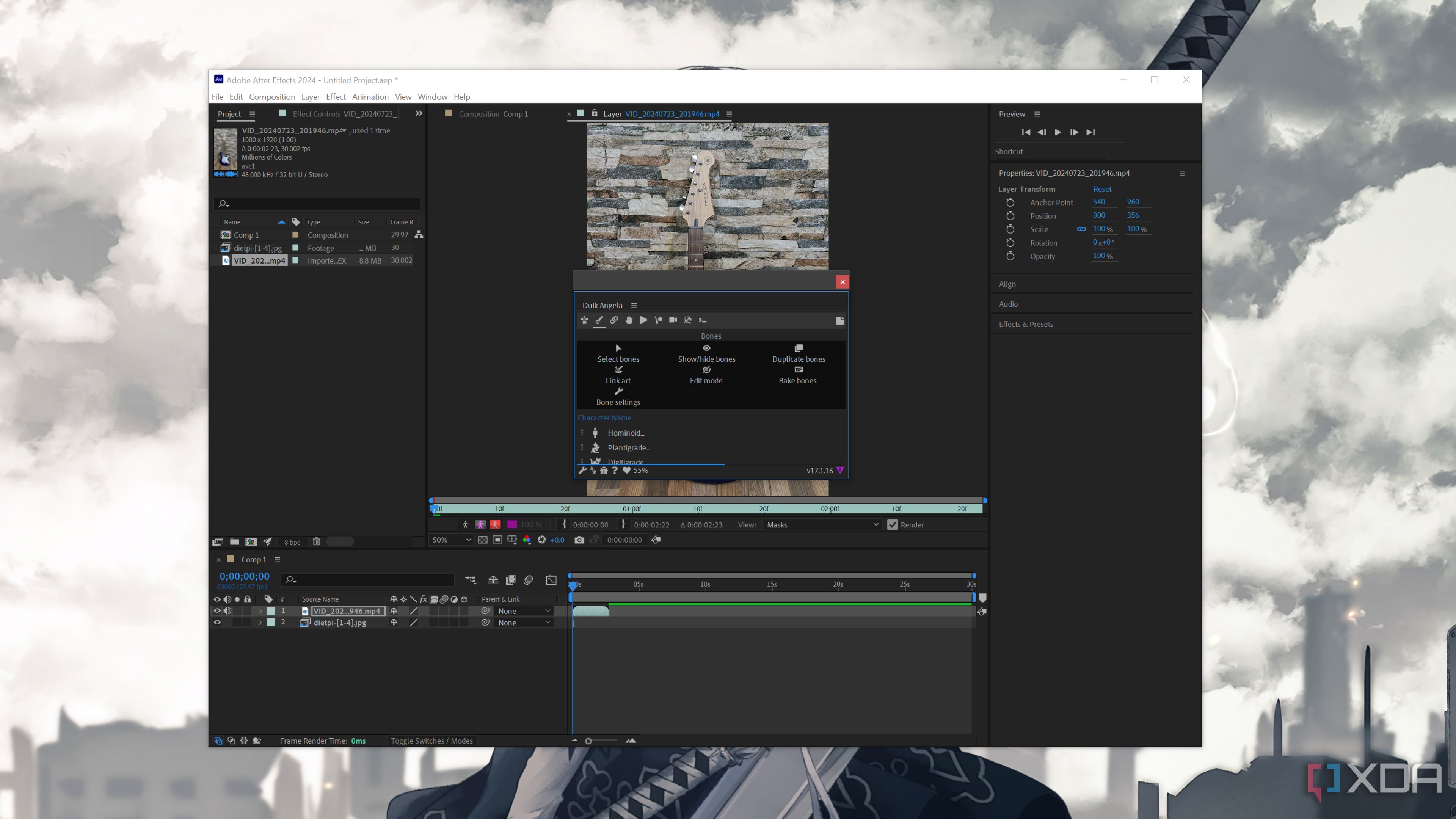 The After Effects interface with the Duik Angela plugins