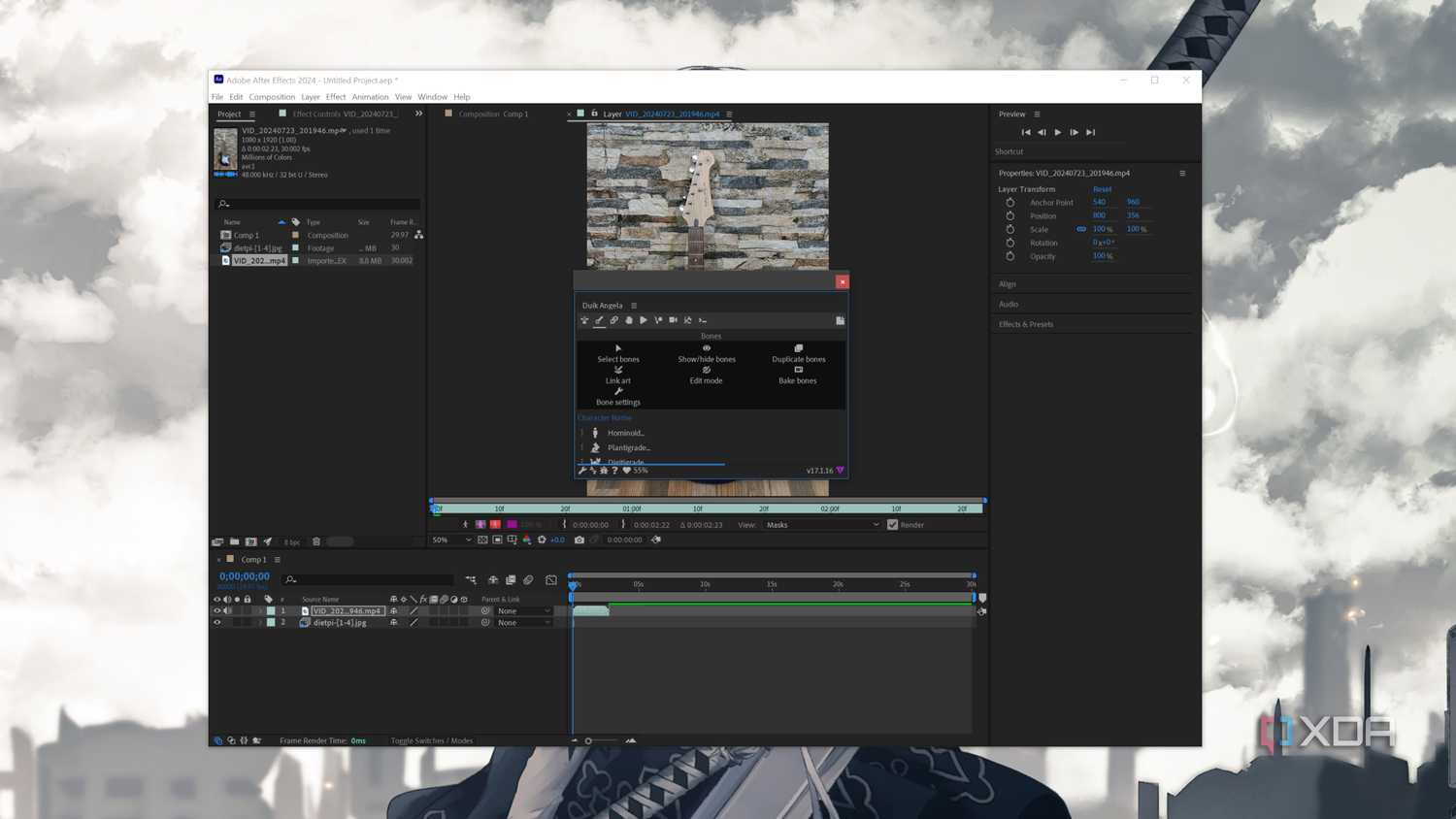 The After Effects interface with the Duik Angela plugins