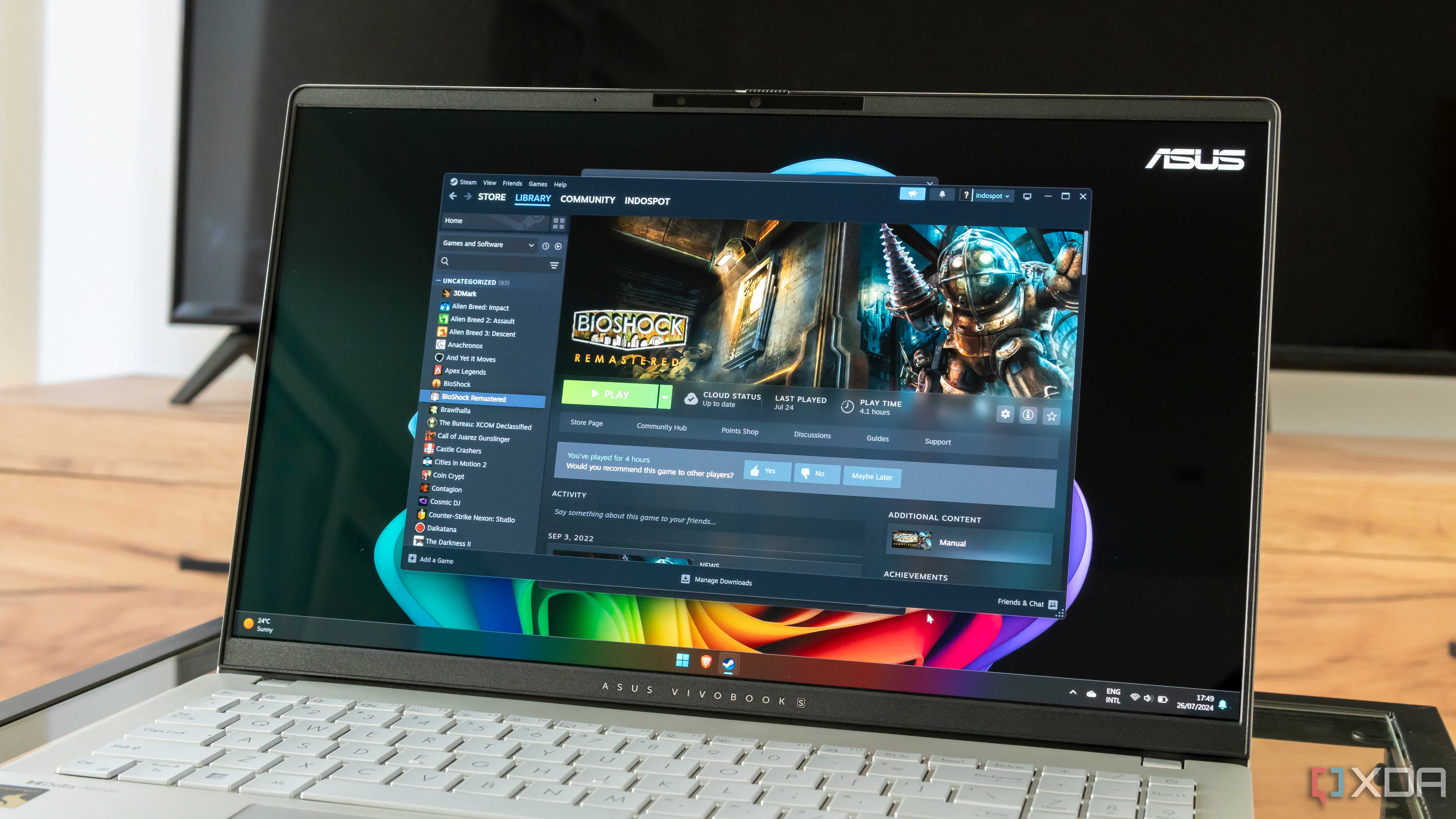 An Asus Vivobook S 15 displaying the Steam page for Bioshock Remastered
