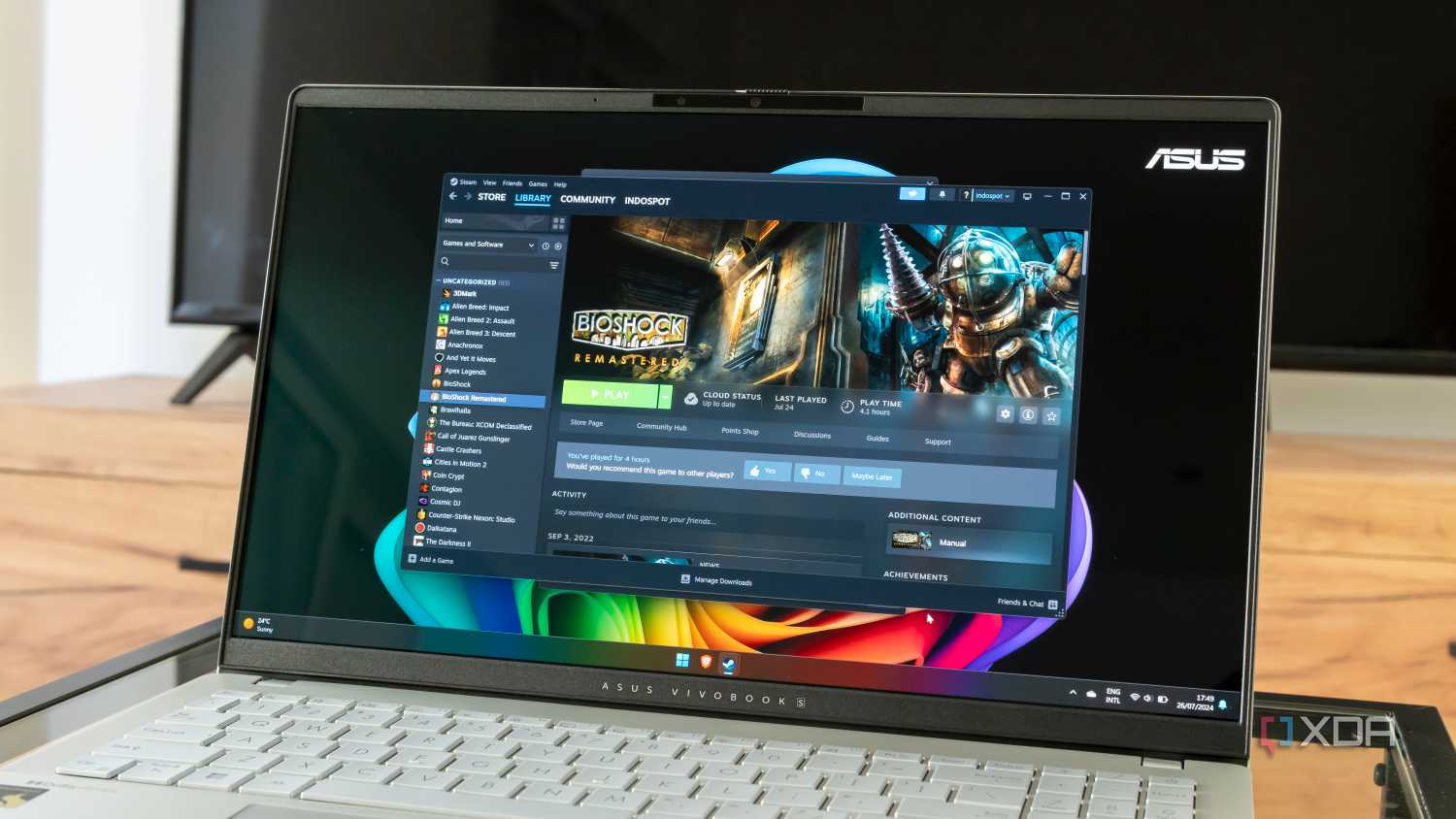 An Asus Vivobook S 15 displaying the Steam page for Bioshock Remastered
