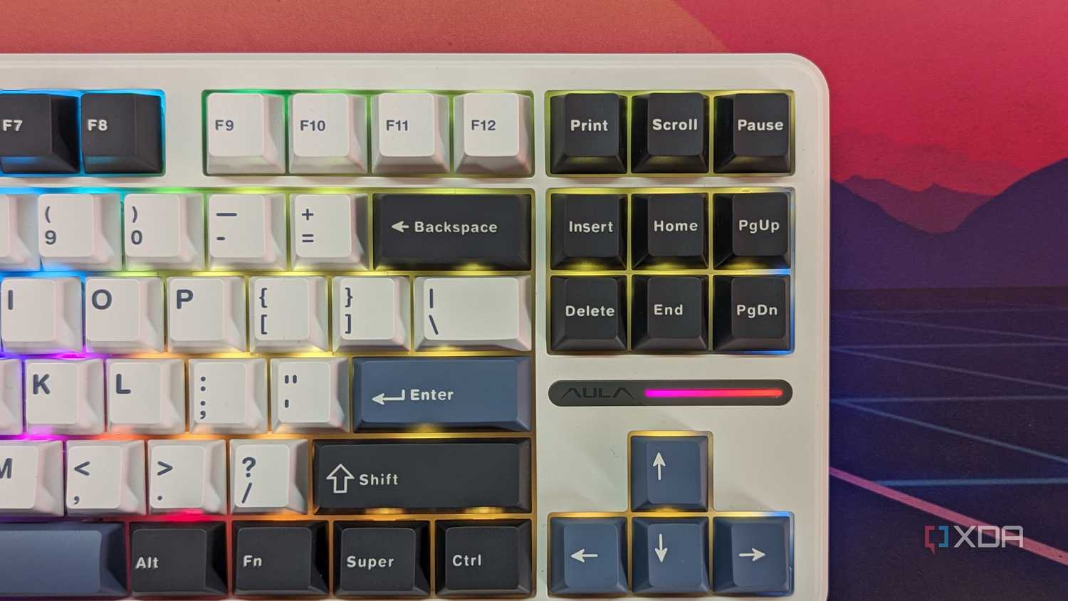 Close-up of a keyboard showing RGB lighting