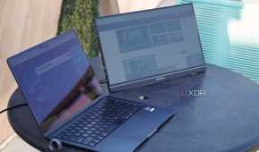 An angled view of the Arzopa portable monitor connected to a MacBook.