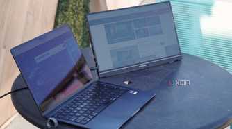 An angled view of the Arzopa portable monitor connected to a MacBook.