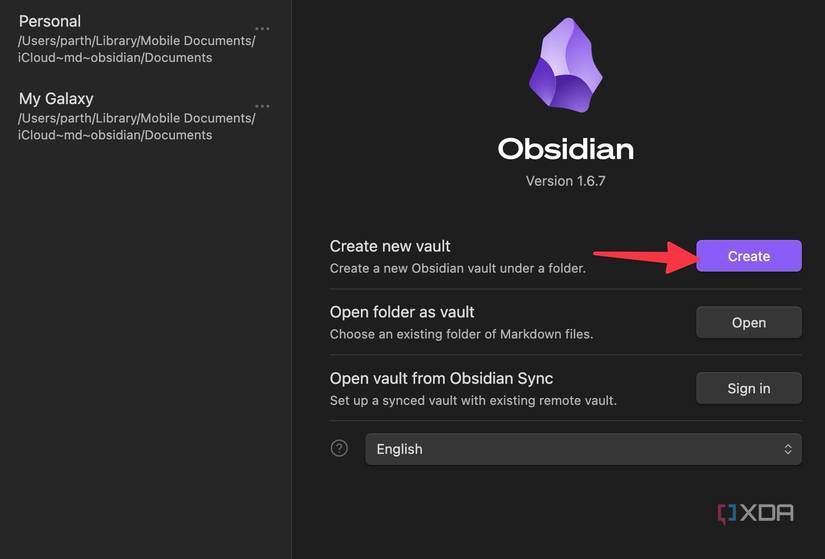 create new vault in Obsidian